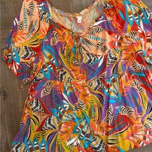 Cato Orange and Blue Relaxed Tie Front Blouse
